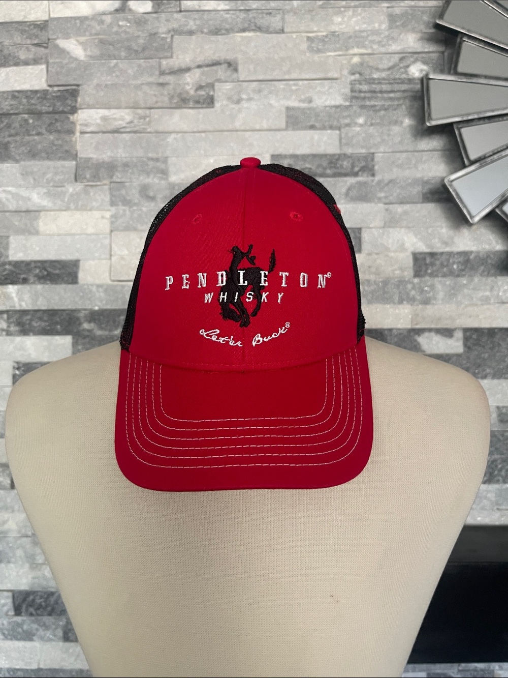 Pendelton Whisky Men’s Trucker Hat 'Let’er Buck' Rodeo Red & Black Adjustable
